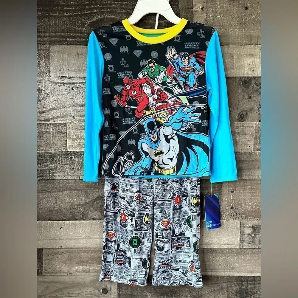 DC Justice League Boys Pajama Set Long Sleeve Top with Pants, Size 8, New w Tags